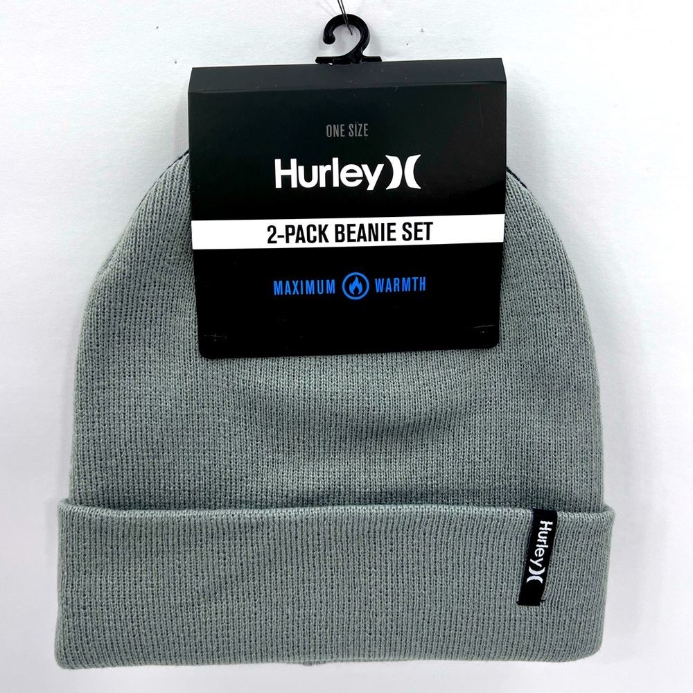 HURLEY 2 PACK BEANIE SET, GREY & BLACK, ONE SIZE FITS ALL, MAX WARMTH UNISEX